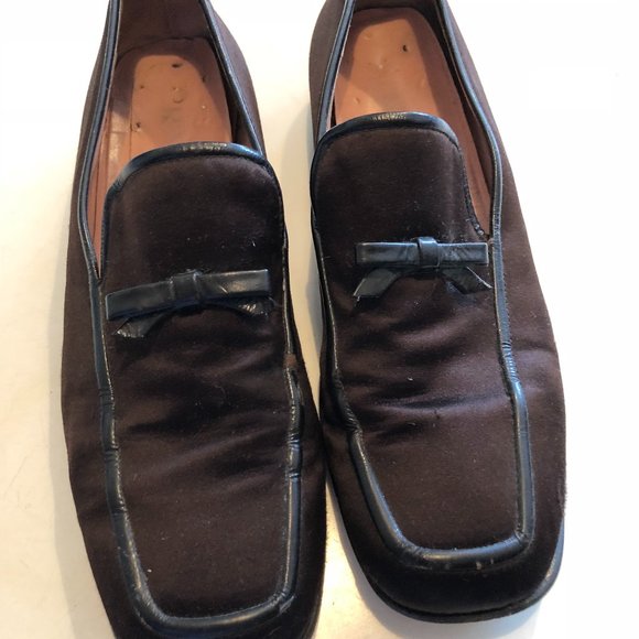 vintage  PRADA Chocolate  Silk Satin Loafers Trimmed with Patent Leather - Picture 1 of 6